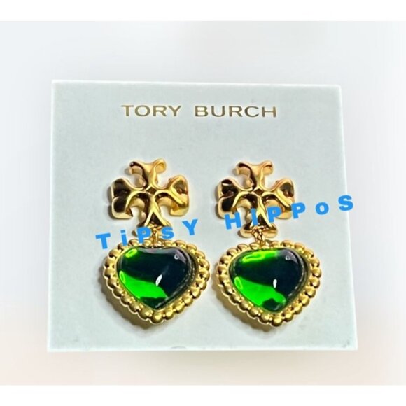 Tory Burch Emerald Green and Gold Roxanne Heart Drop Earrings - Picture 1 of 6